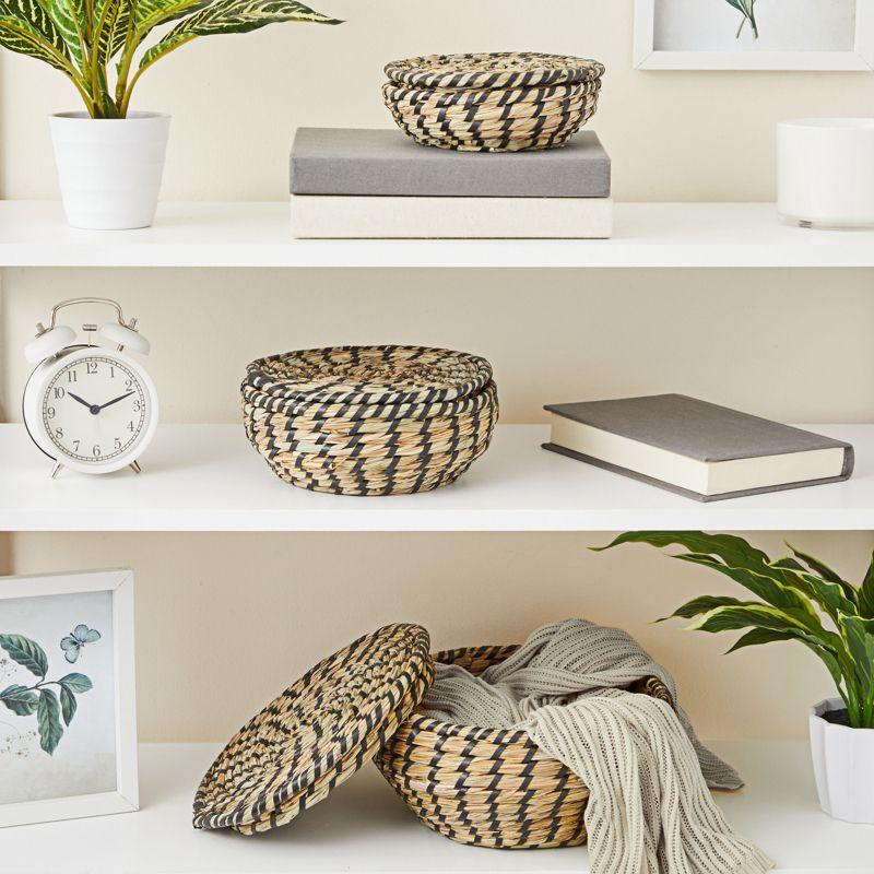 Natural and Brown Seagrass Round Storage Baskets with Lids, Set of 3