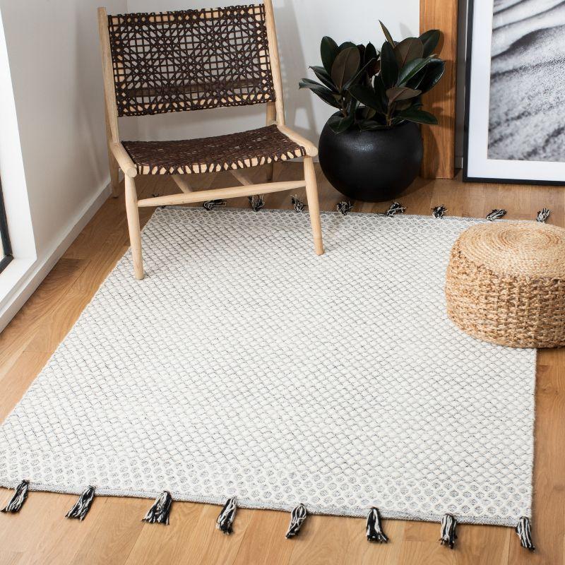 Ivory and Black Geometric Handwoven Wool Cotton Area Rug