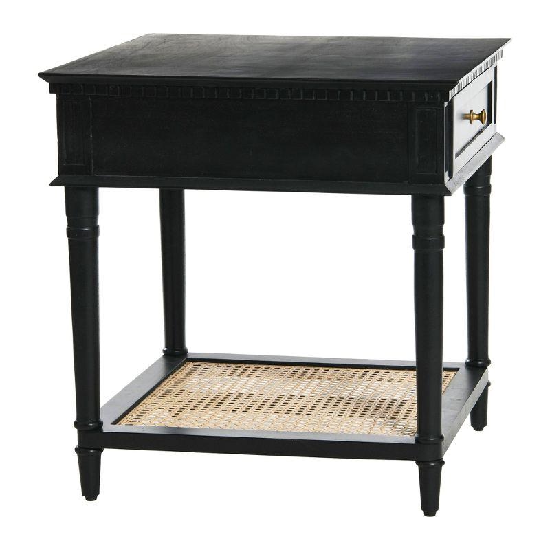 Storied Home Maxwelton End Table Black: Elegant Square Nightstand with Storage Drawer & Cane Shelf