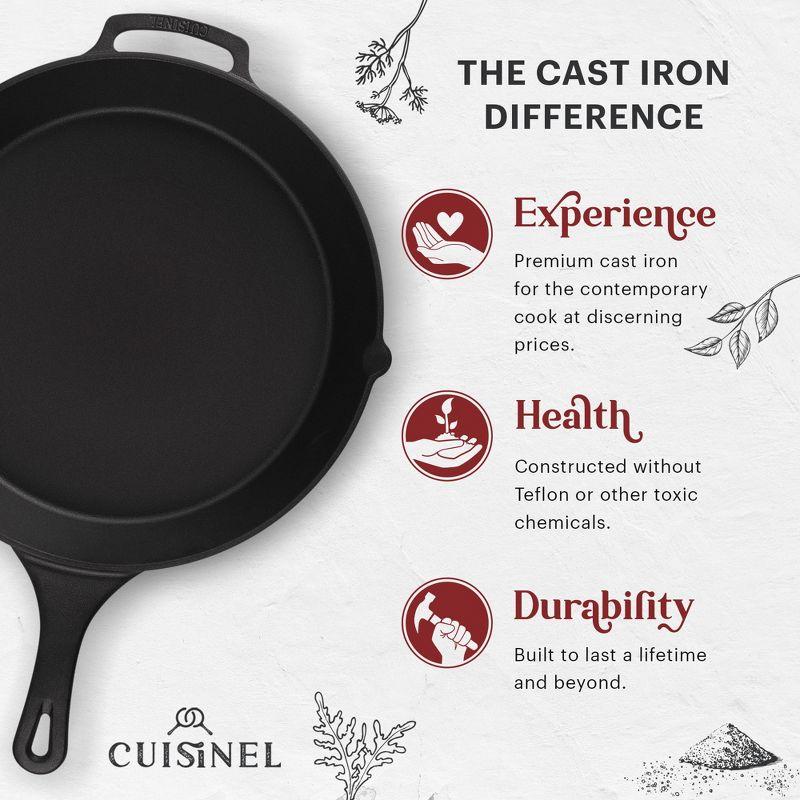 Cuisinel Cast Iron Skillet + Glass Lid + Pan Scraper - 15"-Inch with Cover + Heat-Resistant Silicone Handle Grip