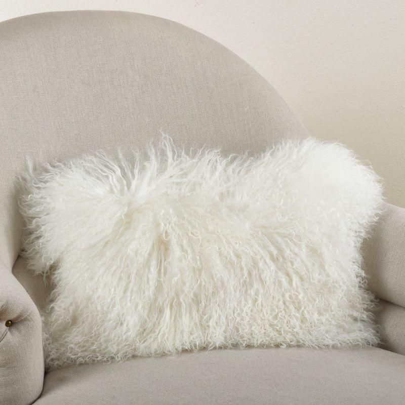 Ivory Mongolian Lamb Fur Rectangular Throw Pillow