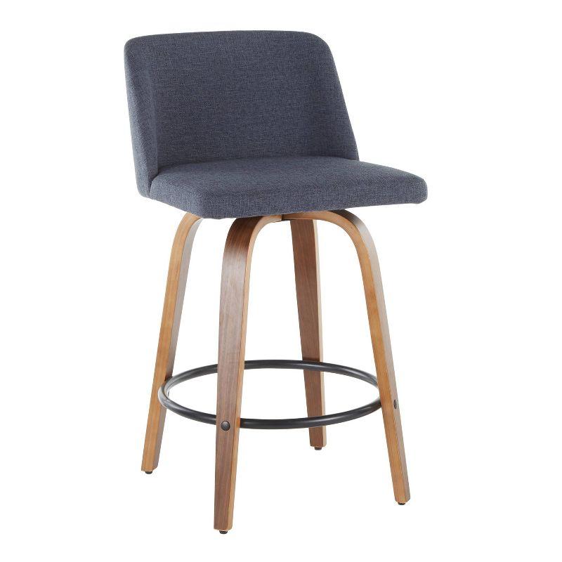 Set of 2 Toriano Mid-Century Modern Counter Height Barstools Walnut/Blue - LumiSource: Swivel, Polyester Upholstery, Wood Legs
