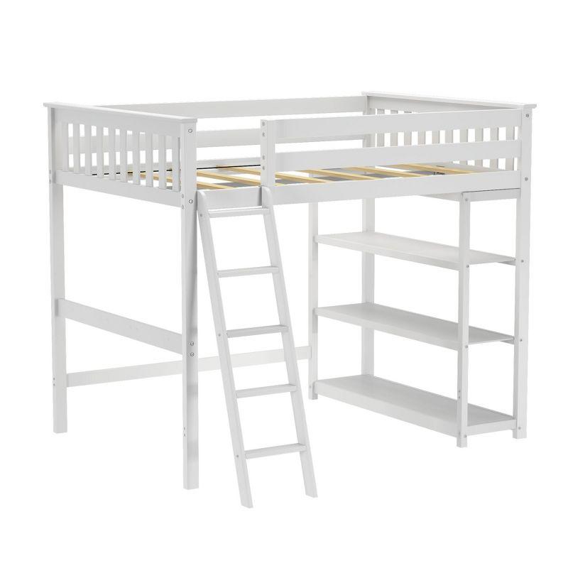 Max & Lily Solid Wood Full Size High Loft Bed with Bookcase for Kids, White