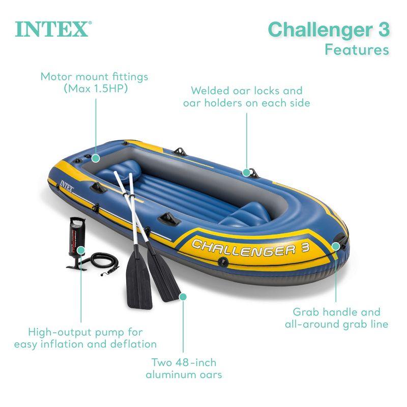 INTEX 68370EP Challenger 3 Inflatable Boat Set: Includes Deluxe 48in Boat Oars and Pump – Triple Air Chambers – 3-Person – 660lb Weight Capacity
