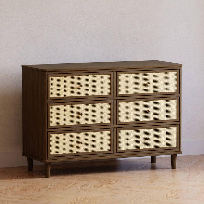 Natural Walnut and Blonde Cane 6-Drawer Dresser with Soft Close