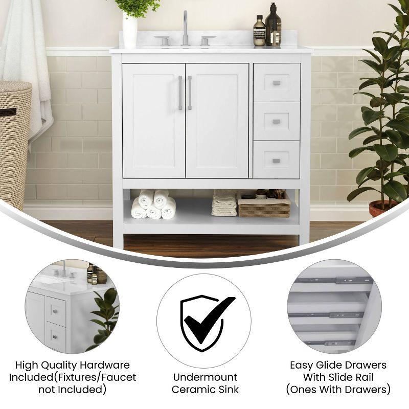 Taylor & Logan 36" Vivien Bathroom Vanity with Open Shelf and 3 Drawers White: Stoneware Surface, Wood Frame, Drop-In Sink