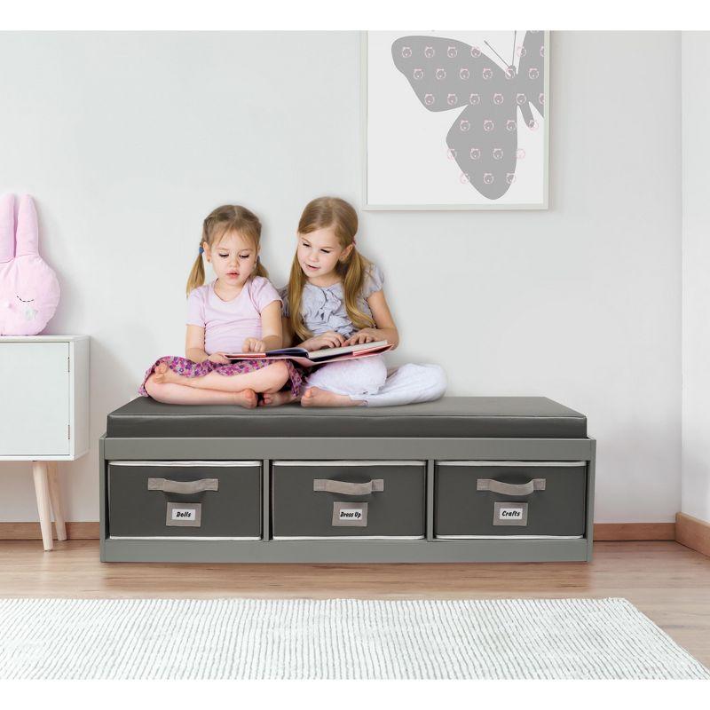 Badger Basket Kid's Storage Bench with Cushion and Three Bins - Gray