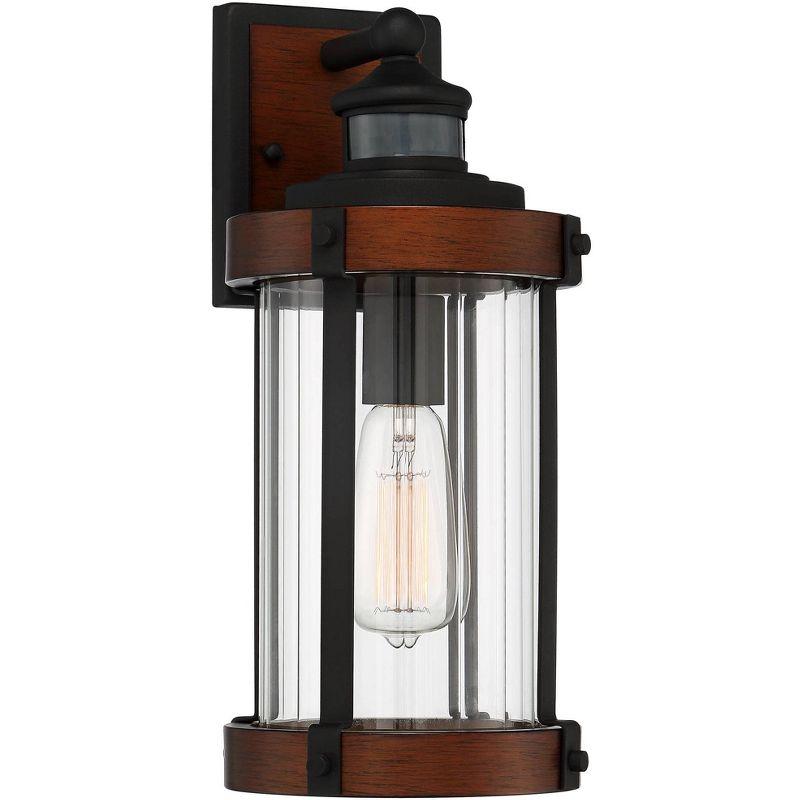 Black and Dark Faux Wood Industrial Outdoor Wall Light with Clear Glass