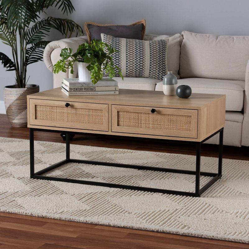 Transitional Natural Brown Wood 2-Drawer Coffee Table with Renaissance Rhapsody Accents