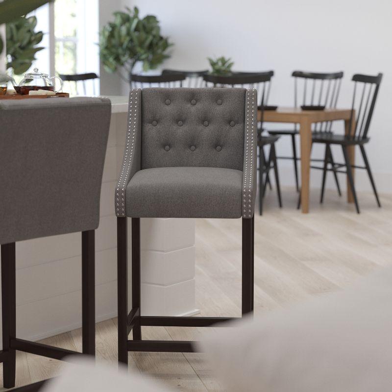 Merrick Lane Upholstered Barstool 30" High Transitional Tufted Walnut Barstool with Accent Nail Trim in Dark Gray Fabric