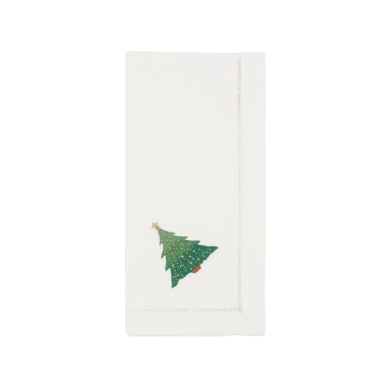 Whimsical Christmas Tree Embroidered White Cotton Napkins, Set of 6