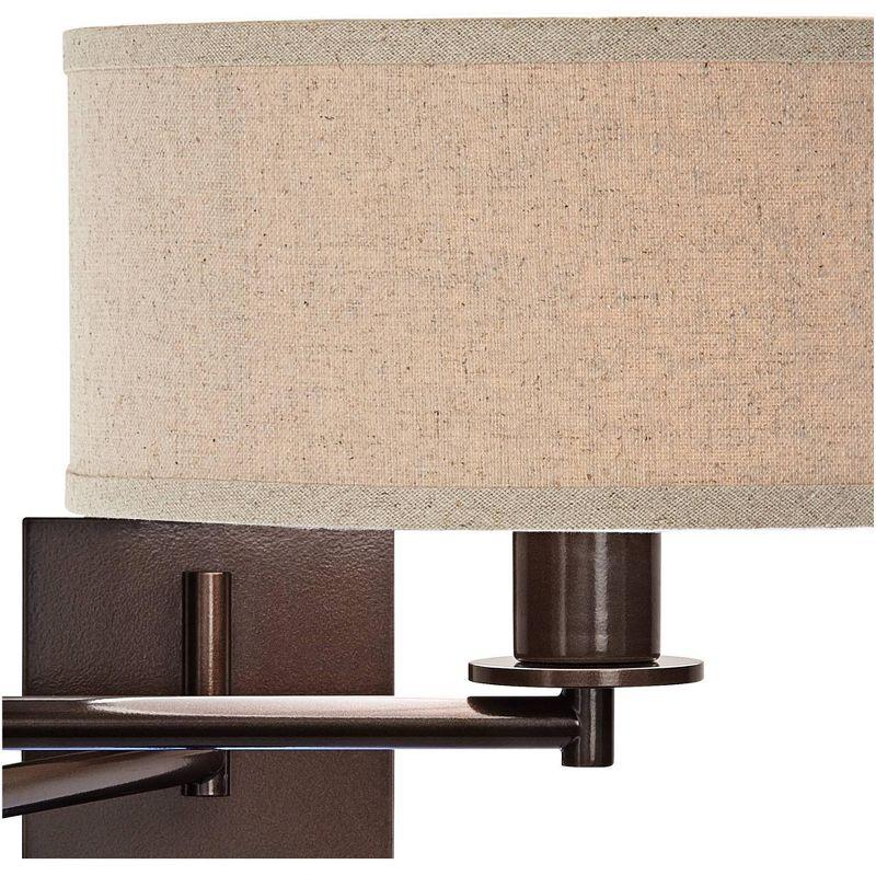 Possini Euro Design Radix Modern Swing Arm Wall Lamp Bronze with Cord Cover LED Reading Light Plug-in Light Fixture Oatmeal Shade for Bedroom Bedside