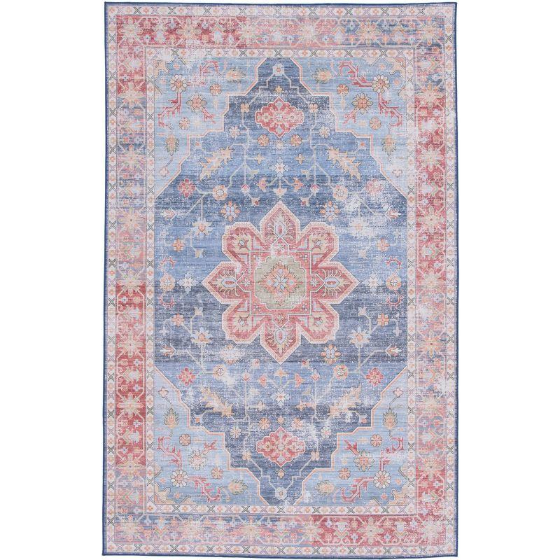 Blue and Rust Round Synthetic Washable Area Rug