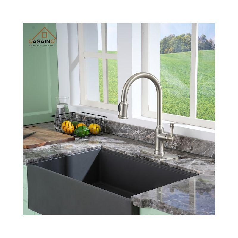 CASAINC Deck Mounted 1-Hole Single Handle Pull-out Kitchen Faucet, Brushed Nickel