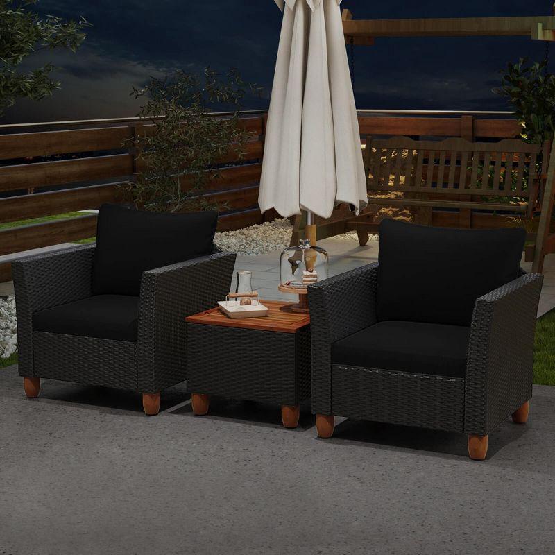 Costway 3PCS Outdoor Patio Rattan Furniture Set Wooden Table Top Cushioned Sofa Black