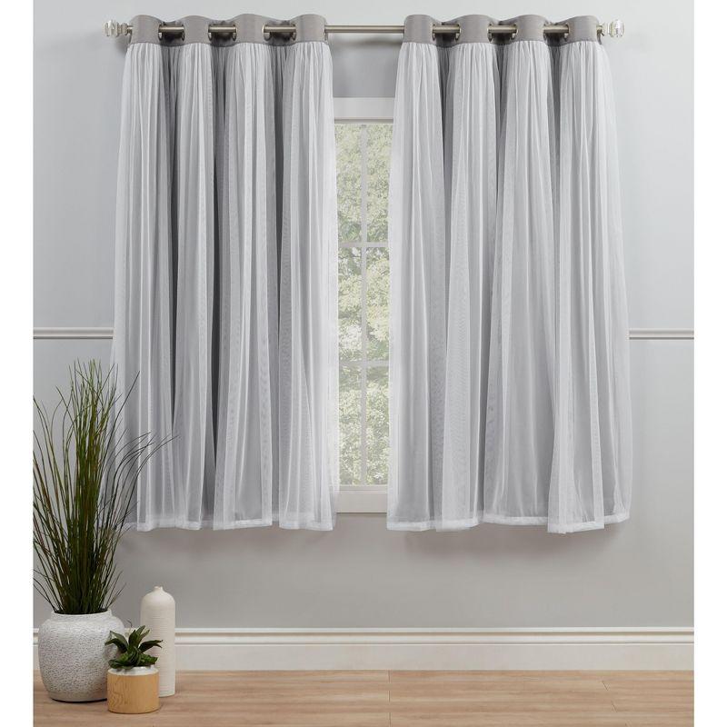 Exclusive Home Catarina Layered Solid Room Darkening Blackout and Sheer Grommet Top Curtain Panel Pair, 52"x63", Soft Grey