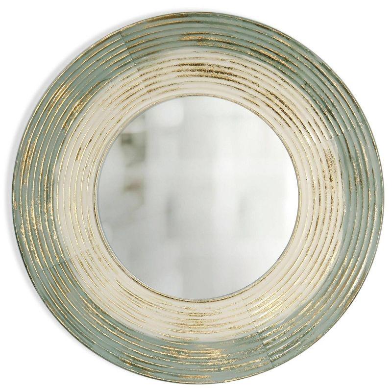 Round Brushed Gold and Blue Ribbed Metal Wall Mirror