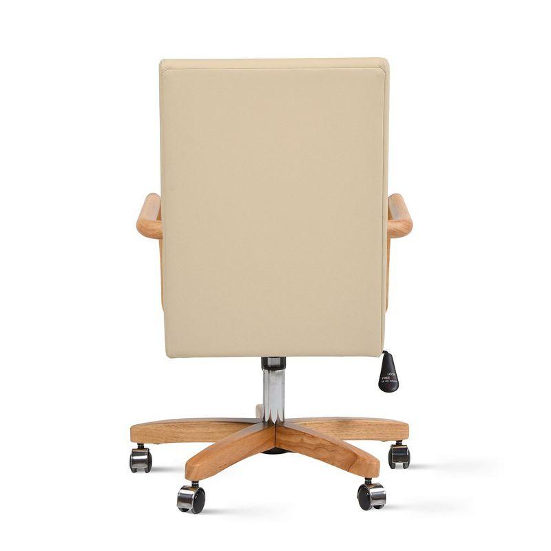 Dumont Modern Farmhouse High Back Executive Home Office Chair, Neutral Cream Beige Leather & Natural Wood