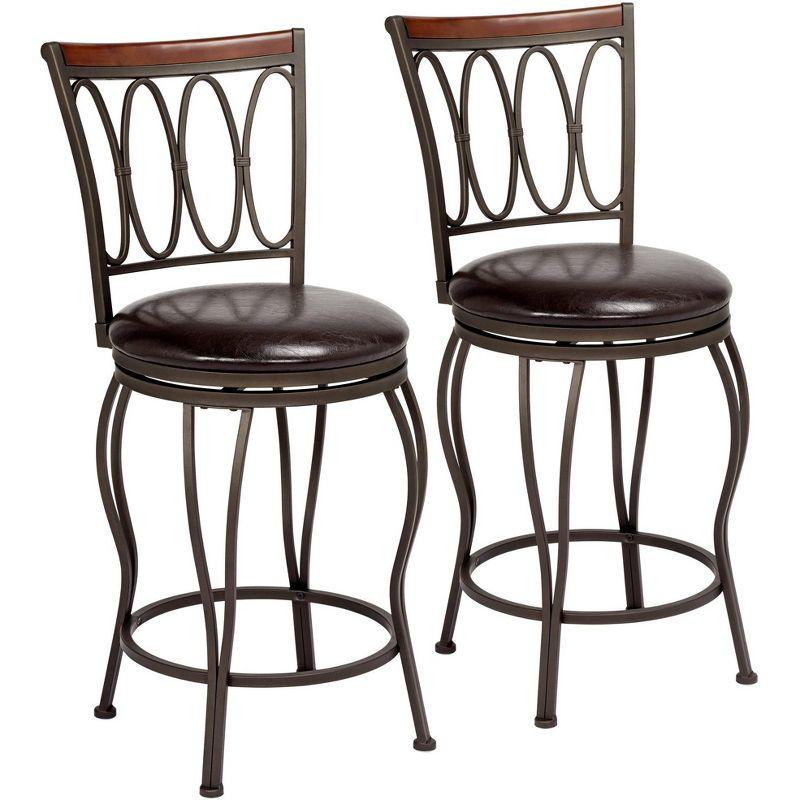 Bronze Metal Swivel Bar Stools with Brown Faux Leather Seats, Set of 2