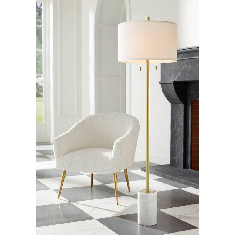 Gold Metal Floor Lamp with White Linen Shade and Marble Base