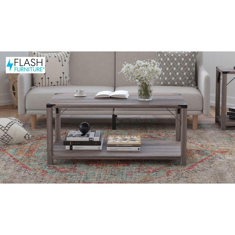 Flash Furniture Wyatt Modern Farmhouse Wooden 2 Tier Coffee Table with Black Metal Corner Accents and Cross Bracing, Aspen Gray