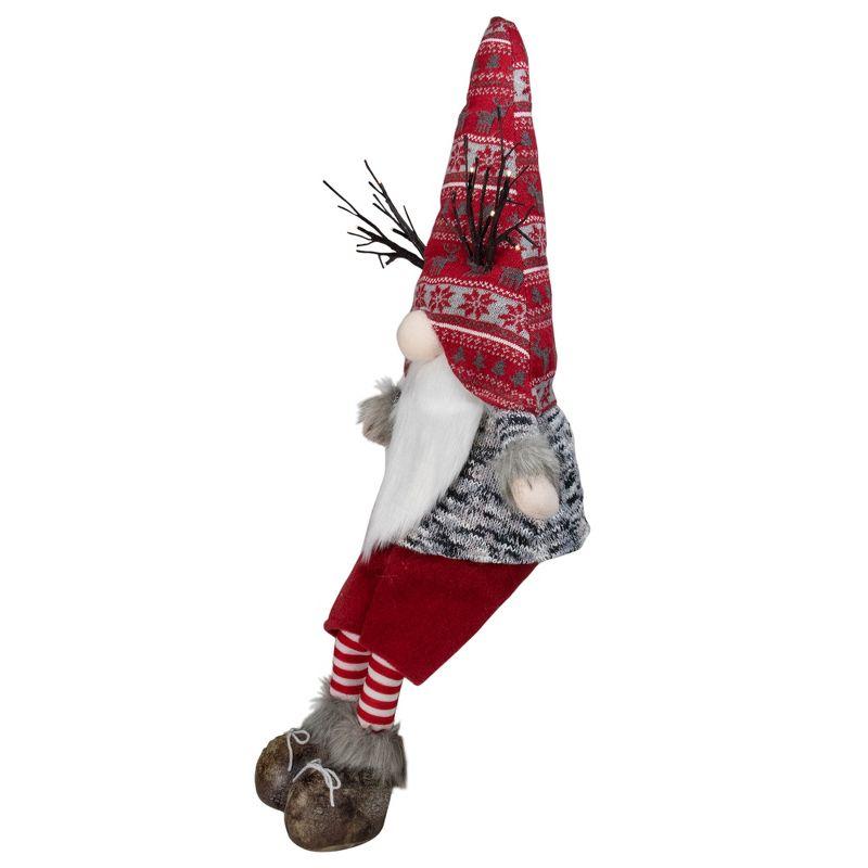 30" Red and Gray Fair Isle Sitting Gnome Christmas Figure with LED Antlers