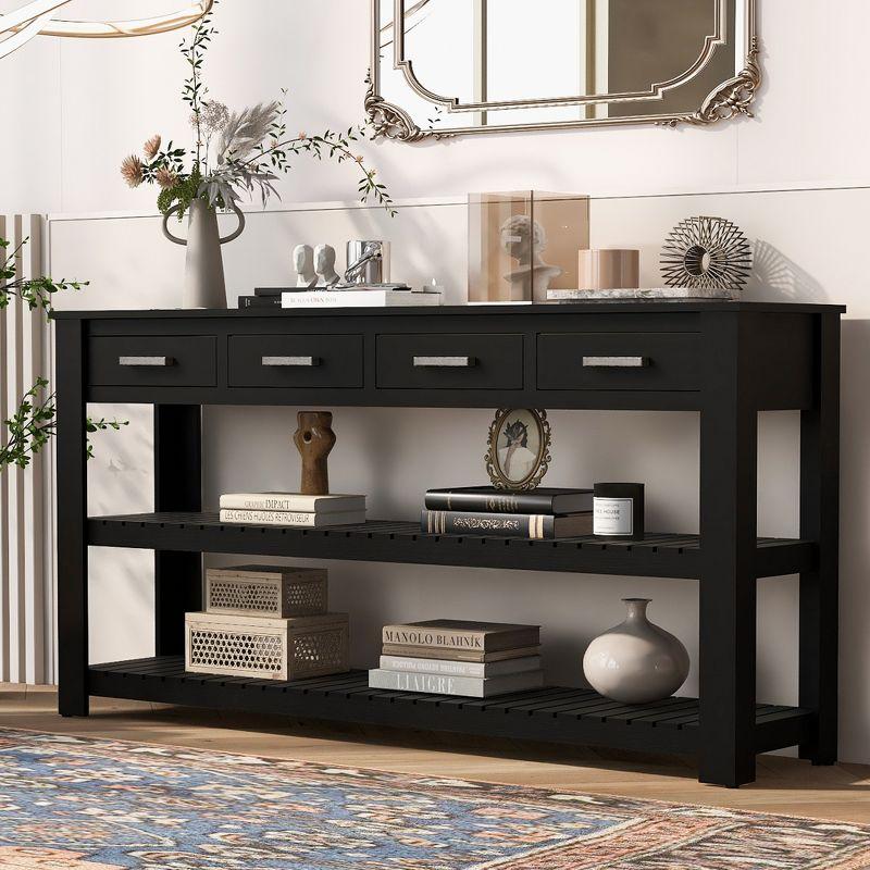 62.2" Stylish Console Table Table with 4 Storage Drawers and 2 Shelves for Entryway Hallway, Black 4M - ModernLuxe
