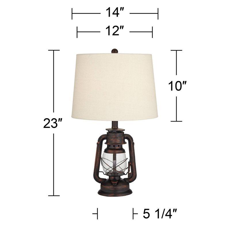 Franklin Iron Works Murphy Rustic Industrial Accent Table Lamp Miner Lantern 23" High Red Bronze Oatmeal Fabric Shade for Bedroom Living Room Office