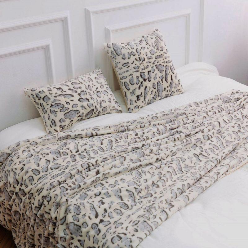 Set of 2 Gray Faux Fur Leopard Print Throw Pillows