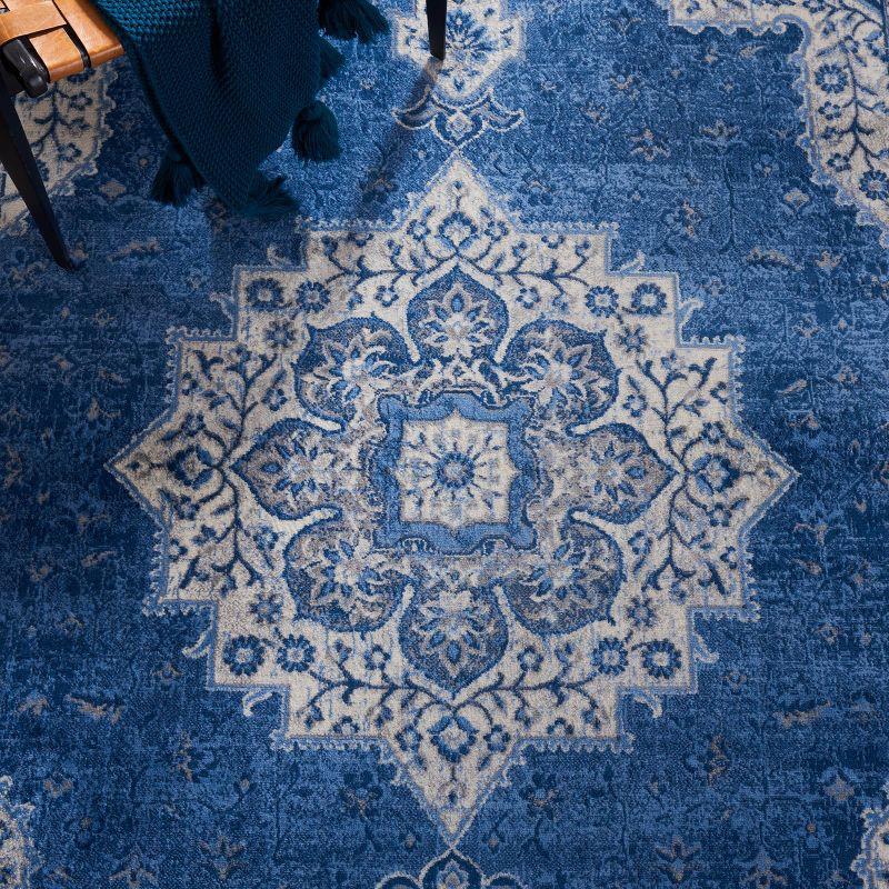 Ivory and Navy Synthetic Hand-Knotted Square Area Rug