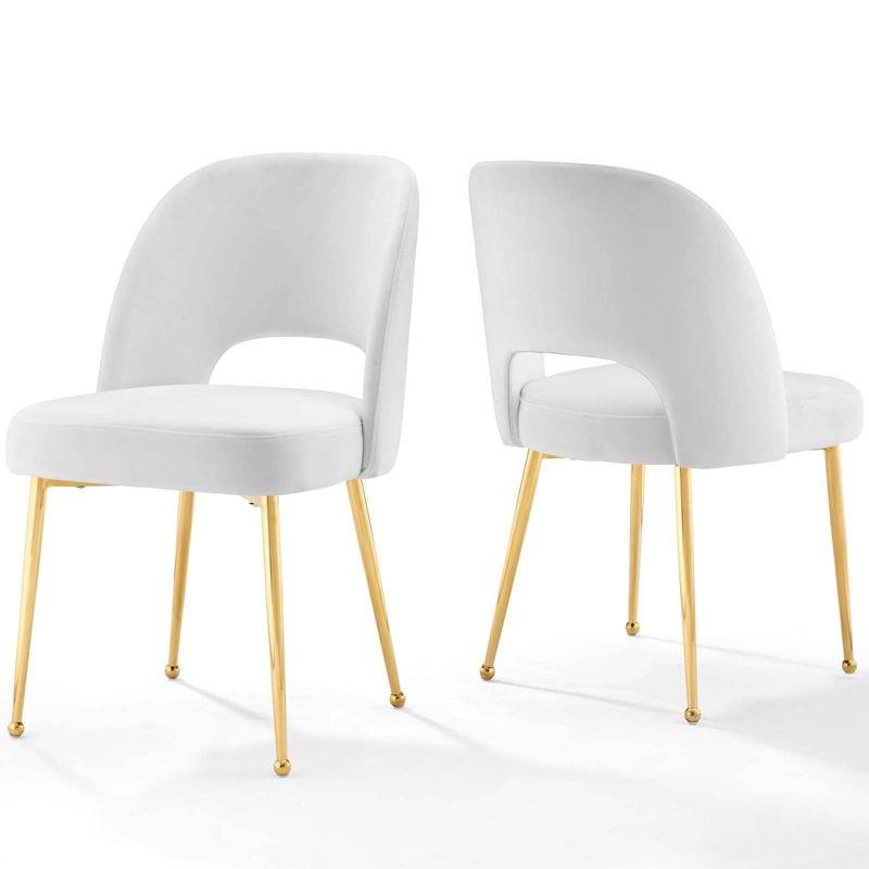 White Velvet Upholstered Side Chair with Gold Legs, Set of 2