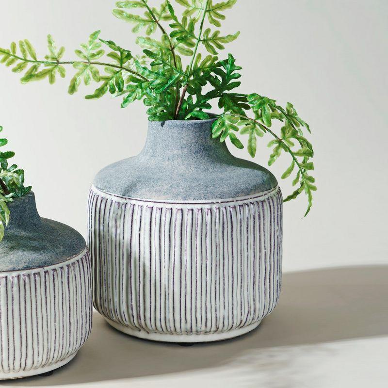 Grey and White Ribbed Ceramic Decorative Vase