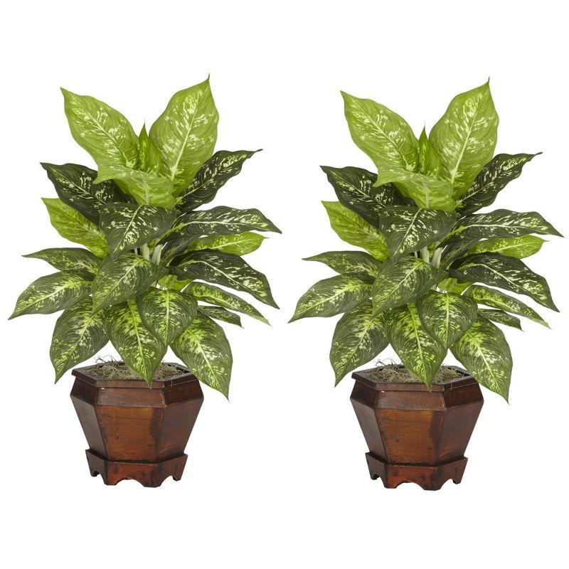 Nearly Natural Dieffenbachia with Wood Vase Silk Plant (Set of 2), Assorted