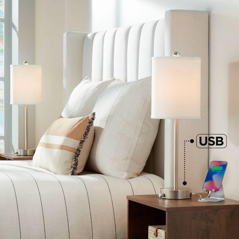 360 Lighting Trotter Modern Table Lamps 23 3/4" High Set of 2 Brushed Nickel with USB and AC Power Outlet in Base White Fabric Cylinder for Home Desk