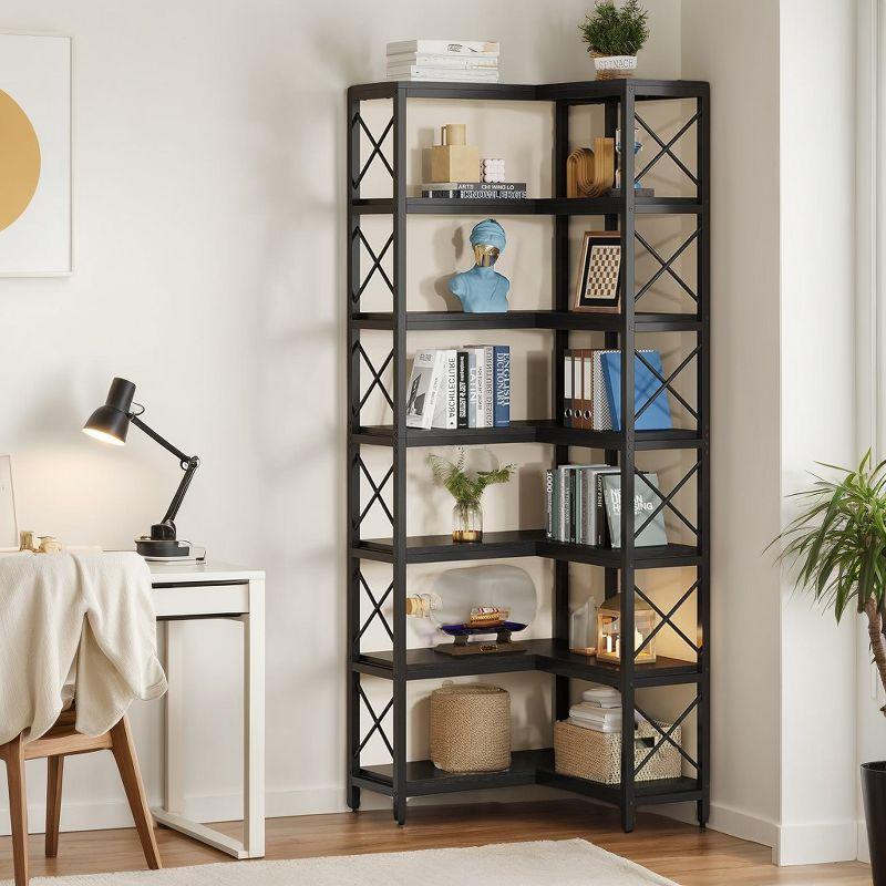 Lantine 7-Tier L-Shaped Bookshelf, Modern Corner Book Display Shelving Unit