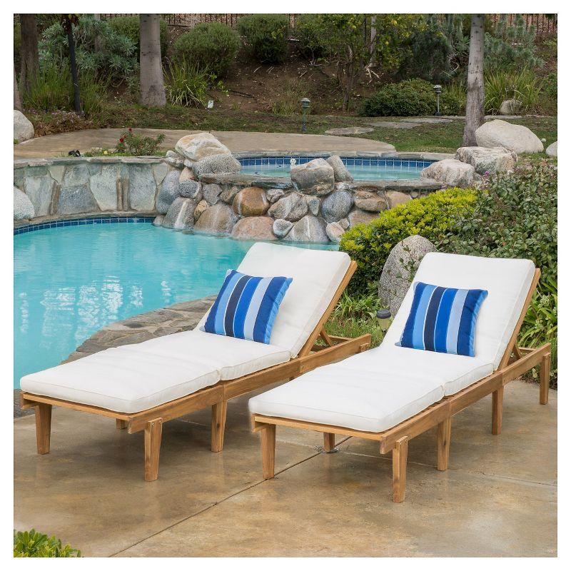 Set of 2 Teak Brown Acacia Wood Chaise Lounges with Cushions