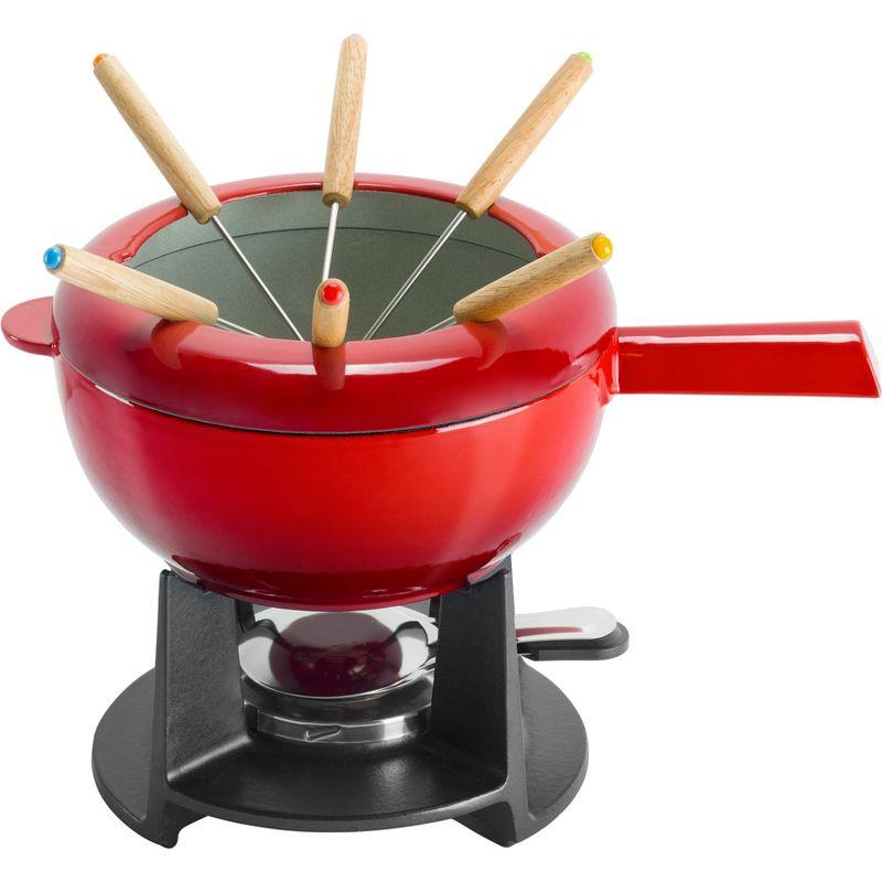 Red Enameled Cast Iron 8-Inch Fondue Pot Set with 6 Forks