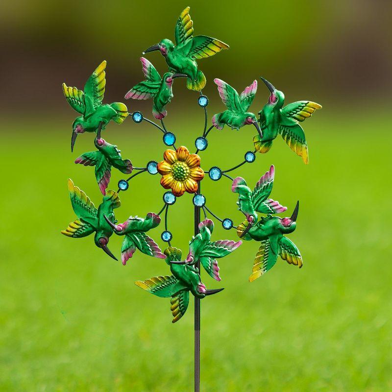 Green and Yellow Metal Hummingbird Garden Wind Spinner Stake