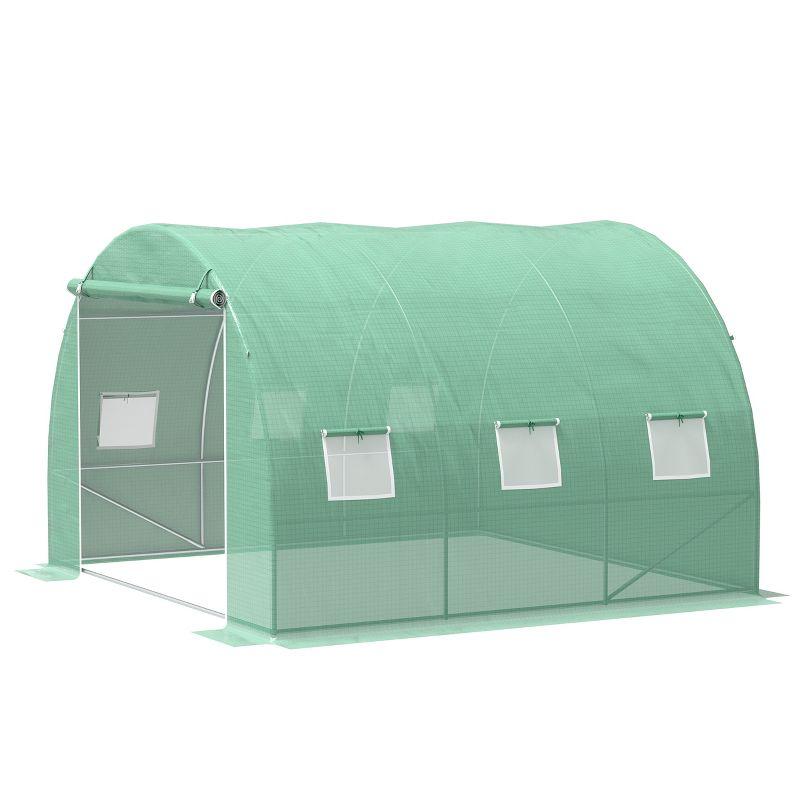 Outsunny 10' x 10' x 6.5' Walk-in Tunnel Hoop Greenhouse, Polyethylene PE Cover, Steel Frame, Roll-Up Zipper Door & Windows for Flowers, Vegetables