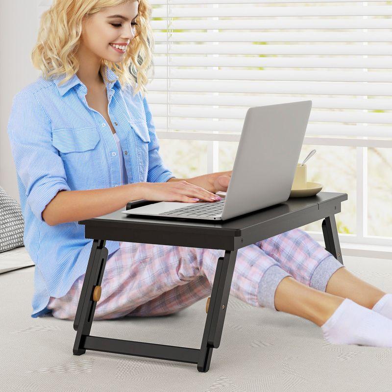 Costway Bamboo Laptop Desk Adjustable Folding Bed Tray w/Drawer Heat Dissipation Black\Natural