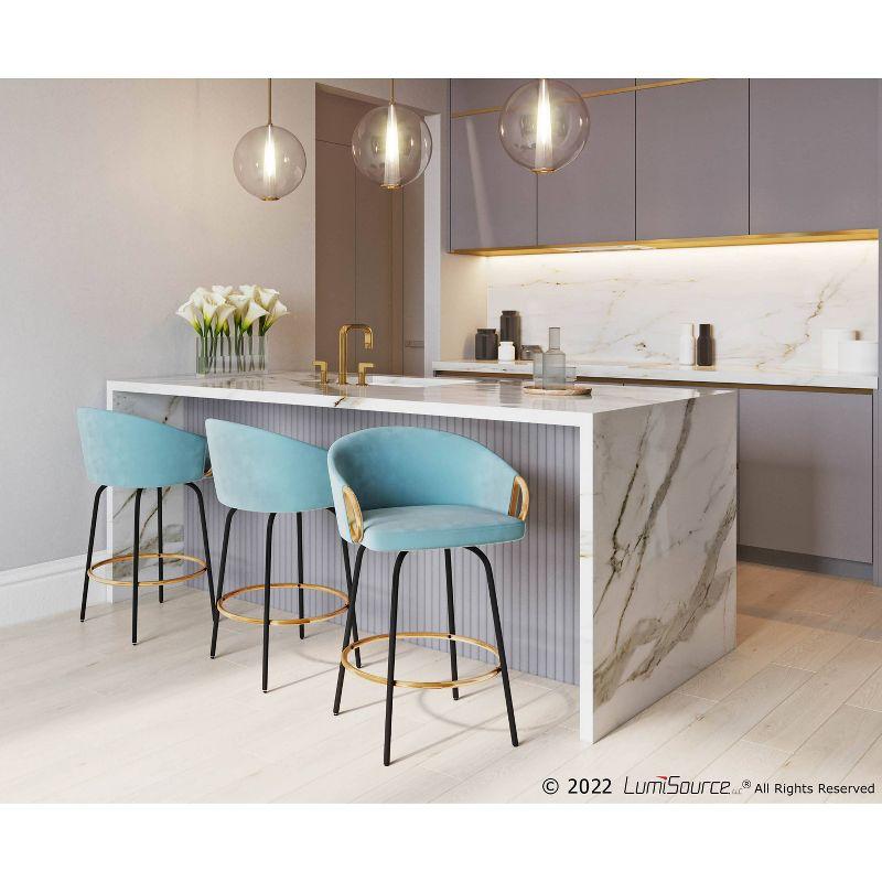 Set of 2 Claire Upholstered Counter Height Barstools: Velvet, Swivel, Gold Accents - Lumisource