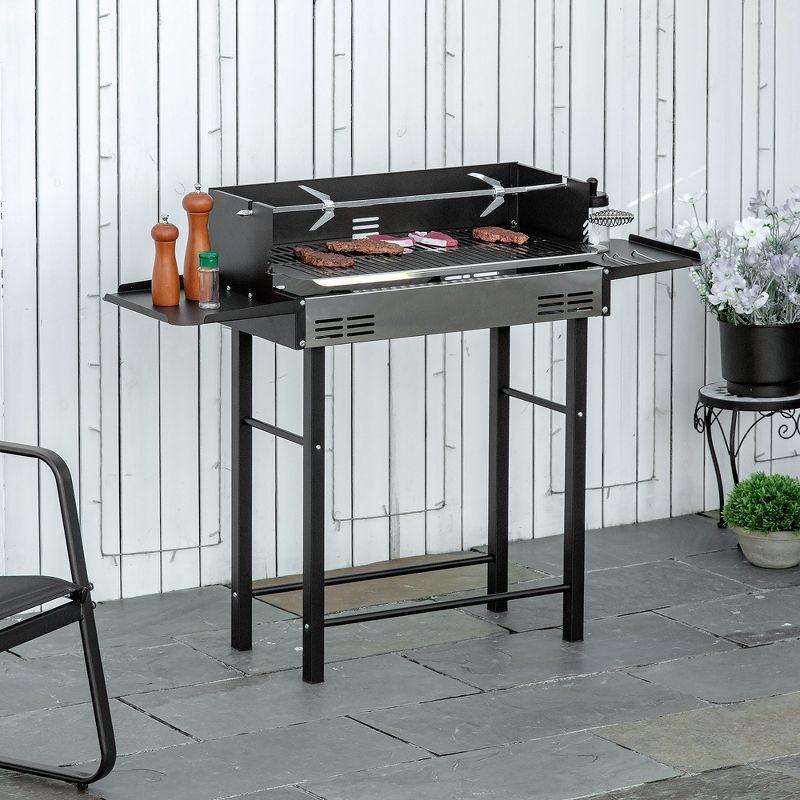 Outsunny BBQ Rotisserie Grill Roaster for Chicken or Turkey with 3-Level Grill Grate, Foldable Storage Shelves, and Wind Deflector, Stainless Steel