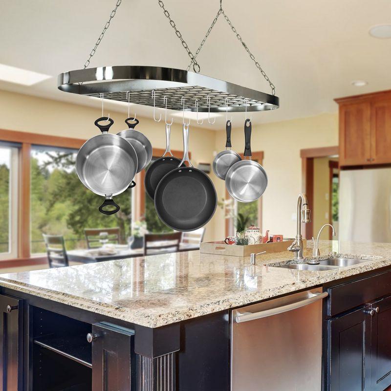 Chrome Oval Ceiling Mounted Pot and Pan Rack with Hooks