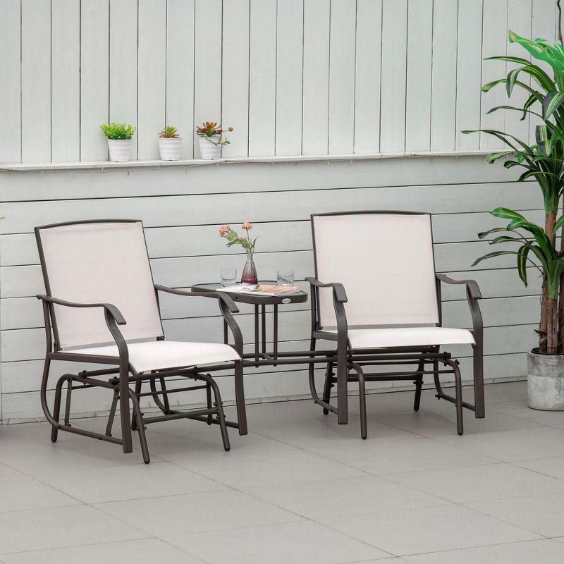 Outsunny Outdoor Glider Chairs with Coffee Table, Patio 2-Seat Rocking Chair Swing Loveseat with Breathable Sling, Beige