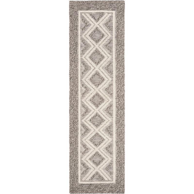 Ivory and Grey Handwoven Wool Geometric Runner Rug