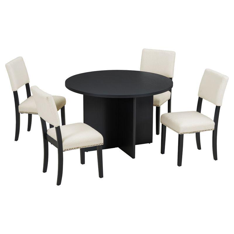 Modern 5-Piece Round Dining Table Set with 4 Upholstered Dining Chairs for Studio, Apartment, Small Places 4W - ModernLuxe