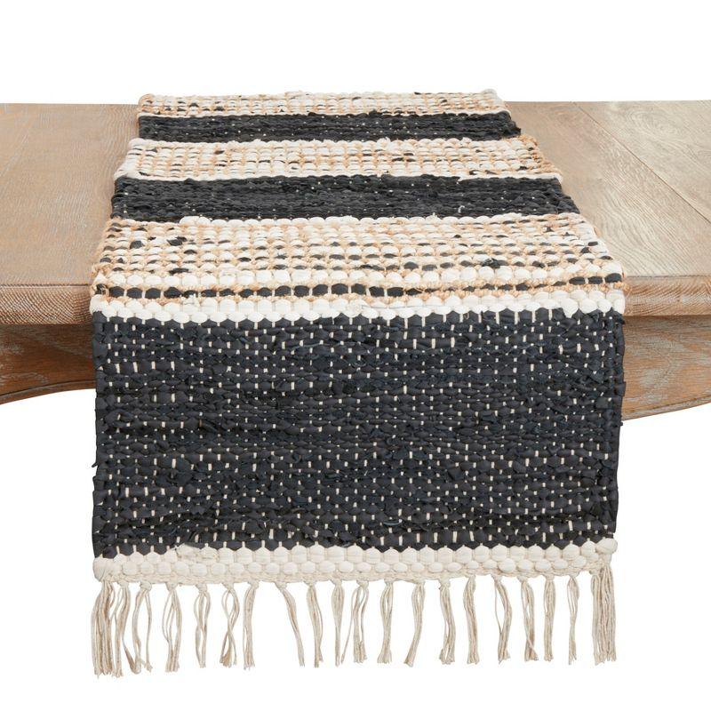 Boho Black and White Jute Leather Fringed Table Runner