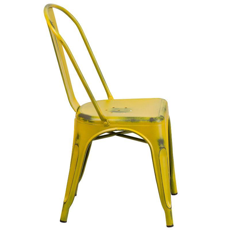 Distressed Yellow Metal Armless Indoor-Outdoor Stackable Chair