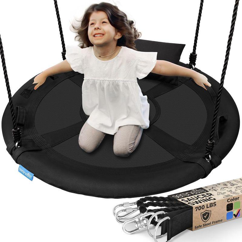 SereneLife 40" Saucer Swing with Handles, Pillow, Hanging Kit, and Carry Bag - Indoor/Outdoor Use - Black
