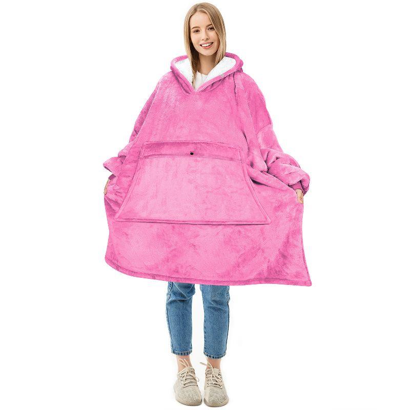Solaris Women Flannel Blanket Hoodie Oversized Sweatshirt, Wearable Fleece Blanket Woman, Christmas Gift for Her, Hot Pink